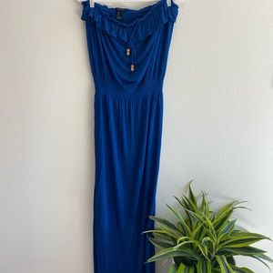 Long strapless blue summer dress